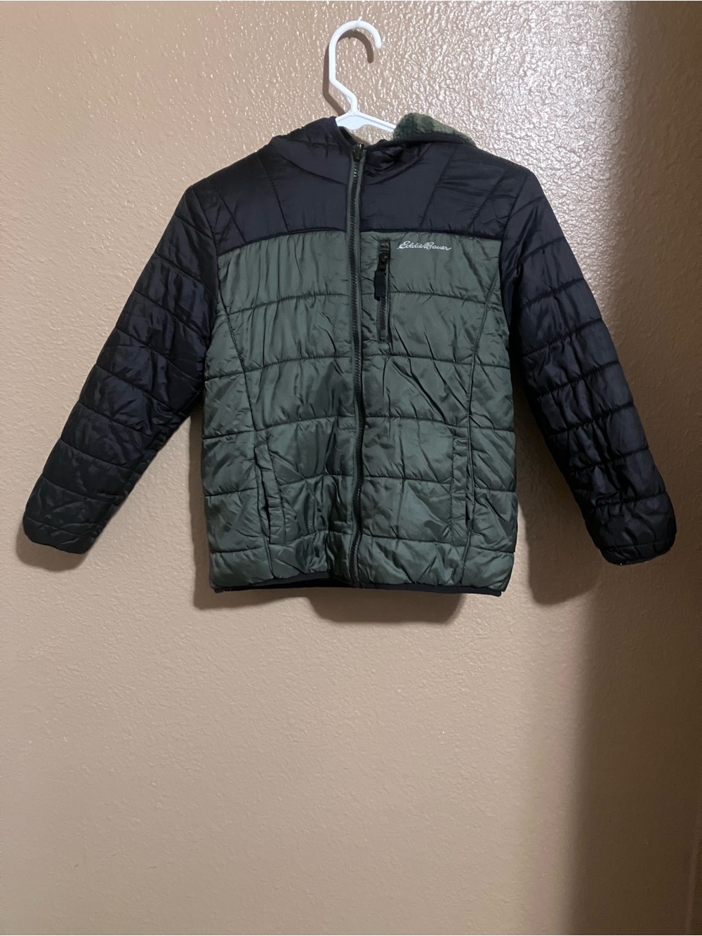 Eddie Bauer Reversible Two-Tone Quilted Hooded Jacket - Olive Green & Black